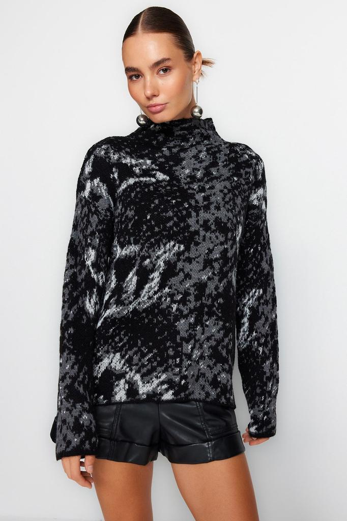 Women's Fashionable Stylish Sweater Stone Leopard Patterned High Collar Knitwear Sweater