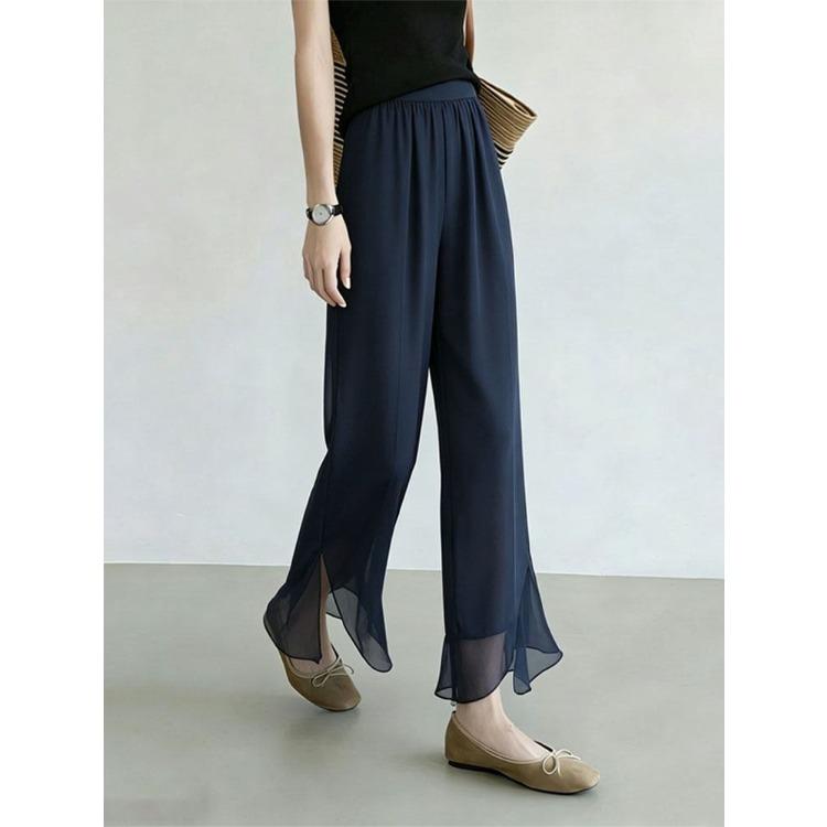 Women Elastic Waist Chiffon Flared Cropped Pants Split Ruffle Hem Sheer Wide Leg Capri Trousers Lightweight Summer Office Casual Flow Pants