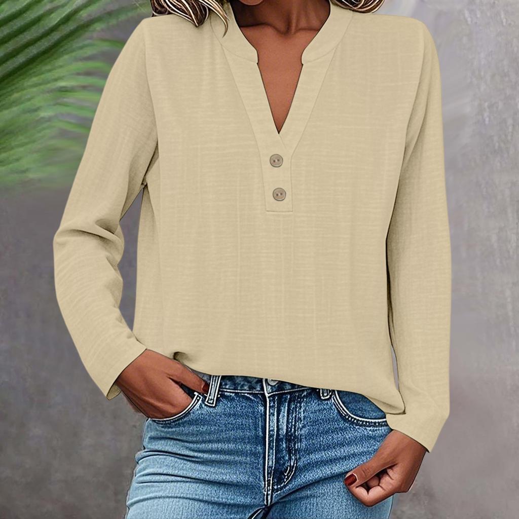 Long Sleeve Linen Tops For Women Loose Fit V Neck Button Down Shirts Cute Solid Summer Beach Tee Shirts