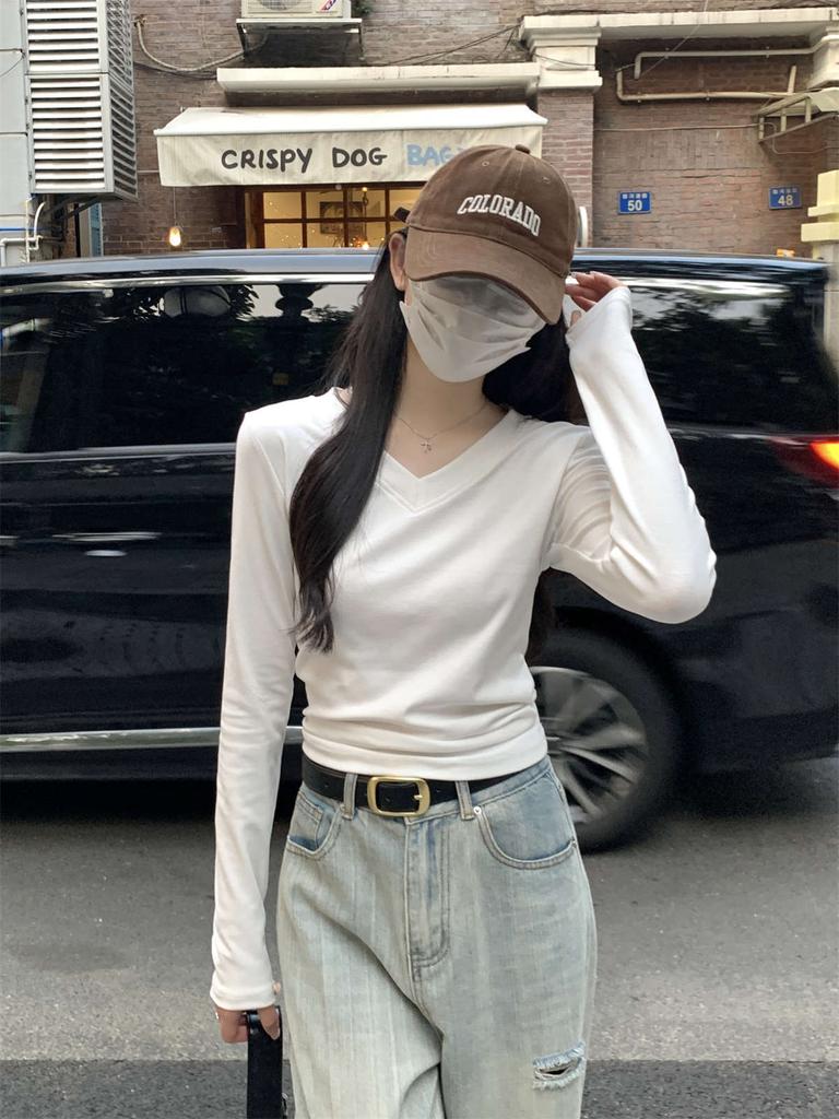 Front Shoulder Collar Slim-fitting and Thin Top Women's Spring Basic Long-sleeved T-shirt with Bottoming Shirt Versatile