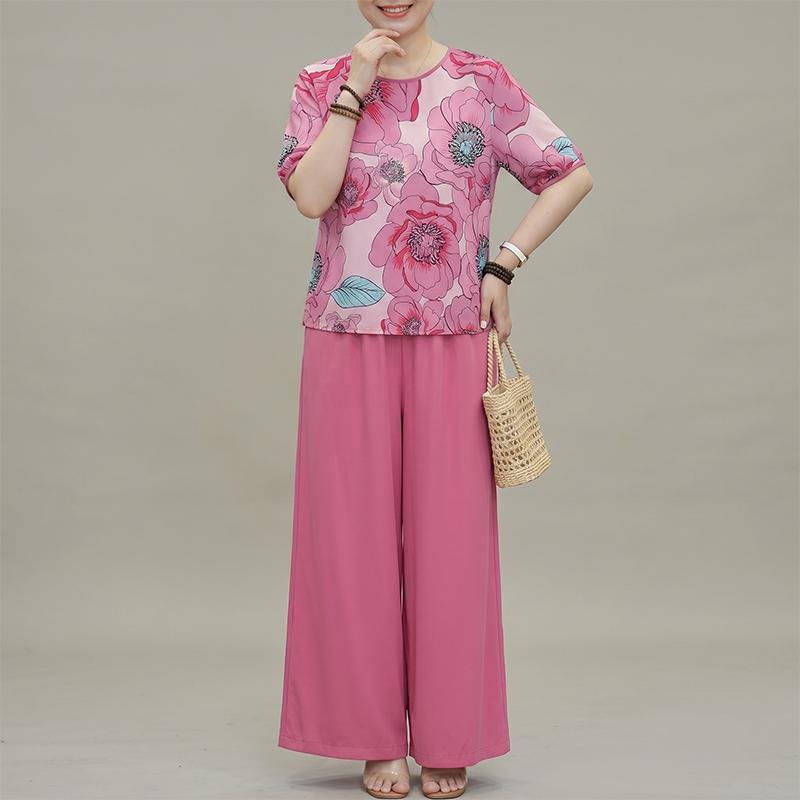 ZANZEA Damen Halbsleeve Blumenprint Bluse und Lange Hose Lässige Zweiteilige Sets