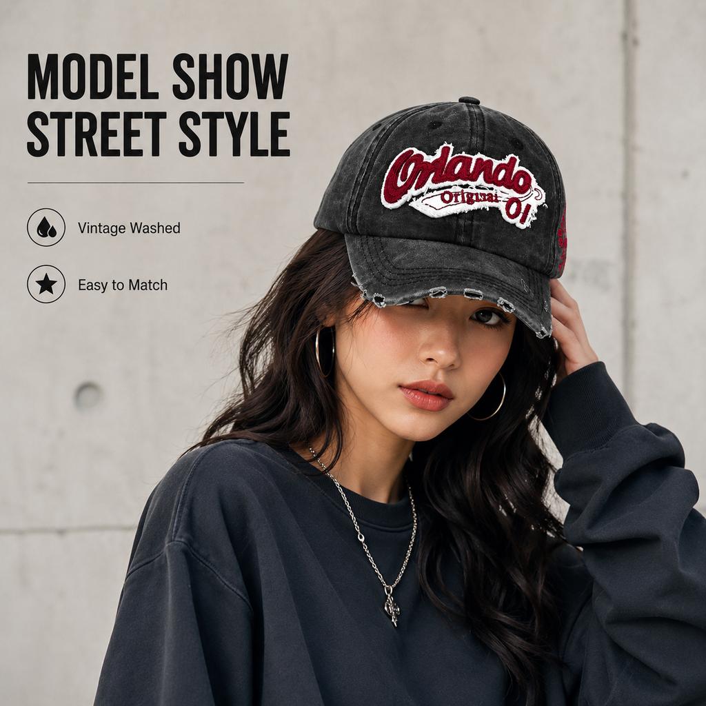 Retro Orlando Baseball Cap Washed Cotton Dad Hat With Frayed Brim Streetwear Hip Hop Snapback Hats Casquette Homme Unisex