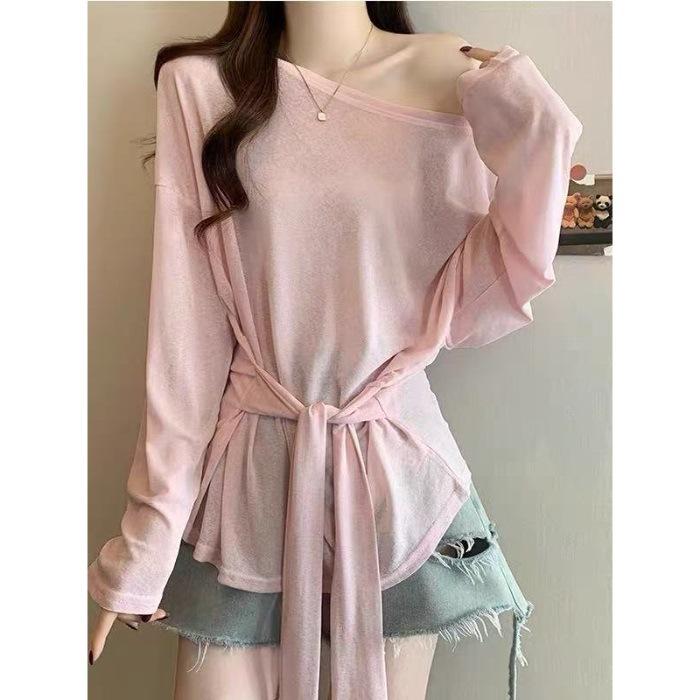Spring and Summer New Lazy Loose and Thin Versatile Straps Round Neck Slightly Transparent Thin Sunscreen Blouse Top