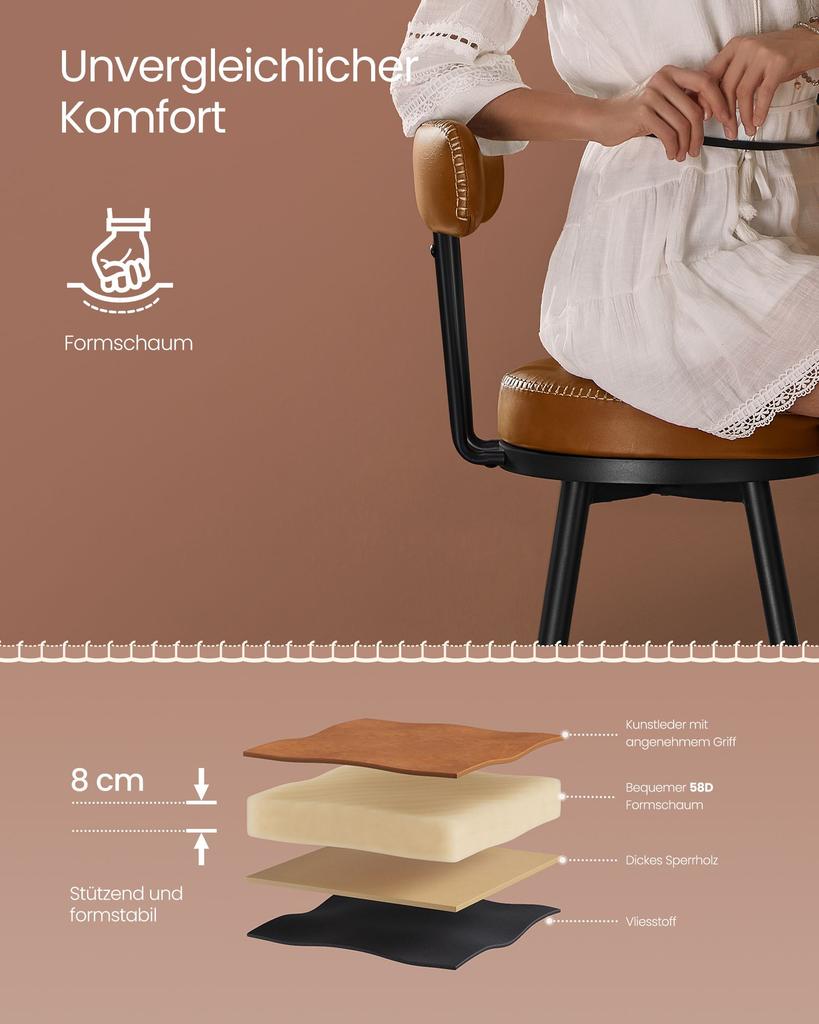 VASAGLE EKHO Collection - Bar Stools Set of 2 Swivel Bar Stools with Backrest Faux Leather with Stitching Mid-Century Modern Style 76cm Tall Kitchen
