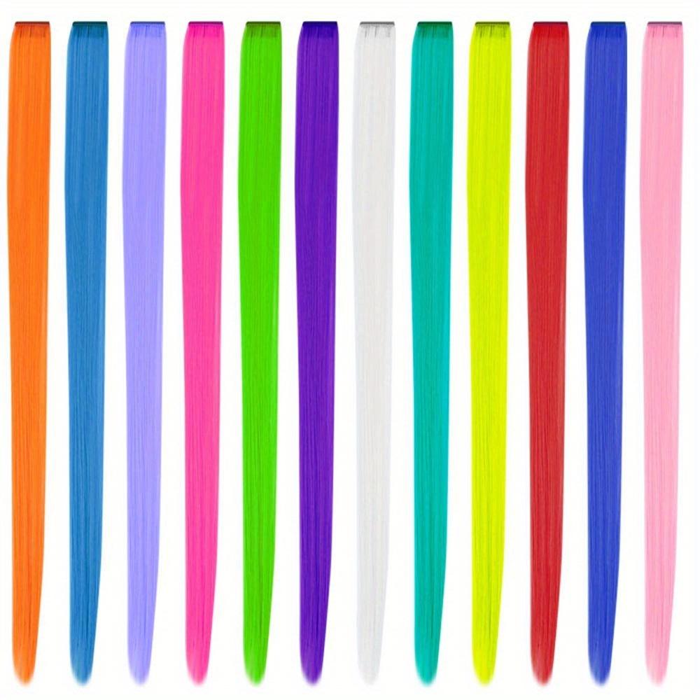 12pcs/pack Rainbow Colored 22 Inch Clip-in Hair Extensions Long Straight Synthetic Hairpieces for Women Girls Party Highlights