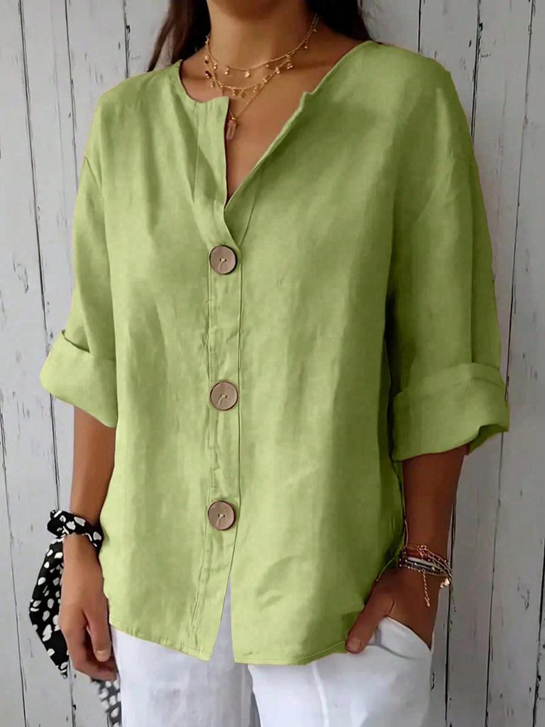 Plus Size Women Solid Color Front Button Shirt, Spring Casual Loose Daily Blouse Top