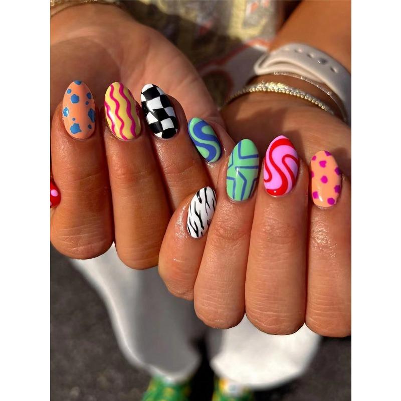 24pcs Elliptical Geometric Plaid Western Style Fake Nails With Colorful Geometry Print For Fashionable Girls Press On Nails Nail Supplies