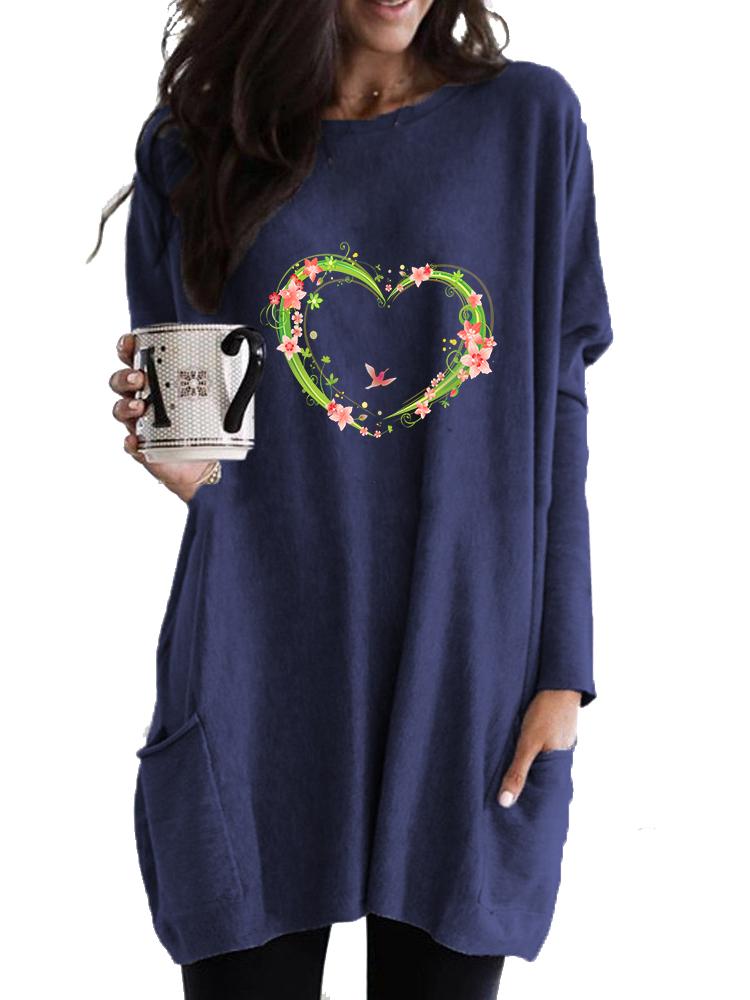 Ladies Sweatshirt Women's Long Tunic with Pockets Loose Fit Fashion Printed Logn Sleeve Top