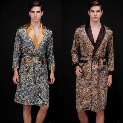Fashion Men's Pajamas Summer Satin Printed Casual Foldable Collar Bathrobe Pajamas Home Casual Wear