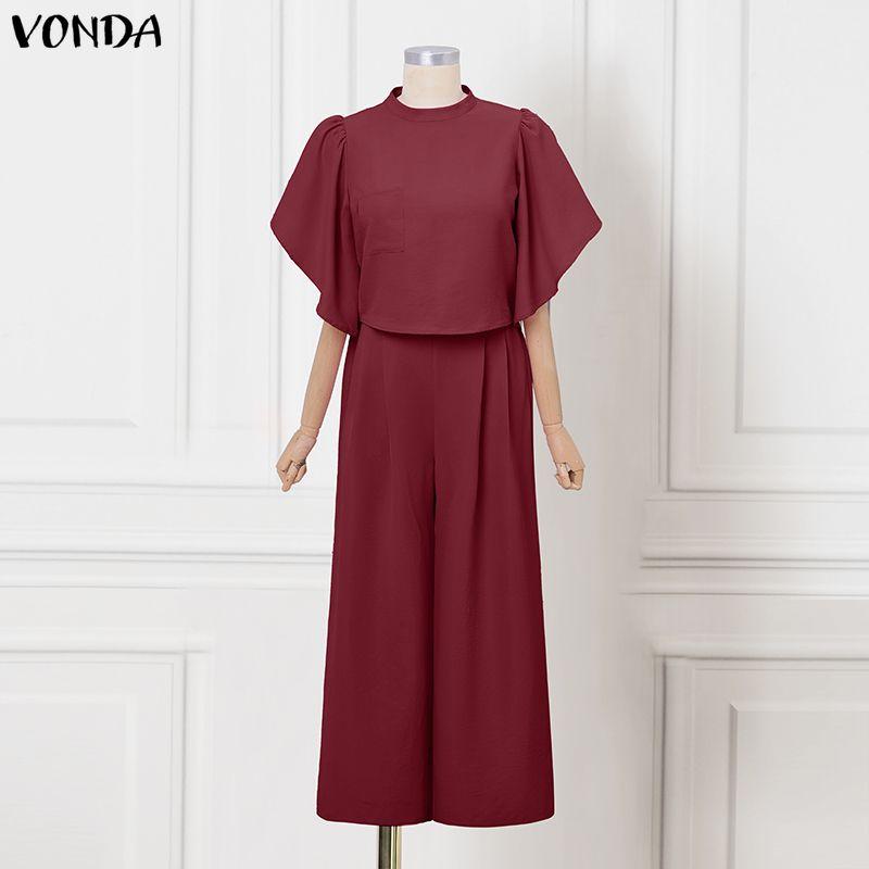 

VONDA Elegant Women Outfits Flare Sleeve Cropped Blouse and Trousers Casual Two Piece Sets 2XL вина червоного кольору