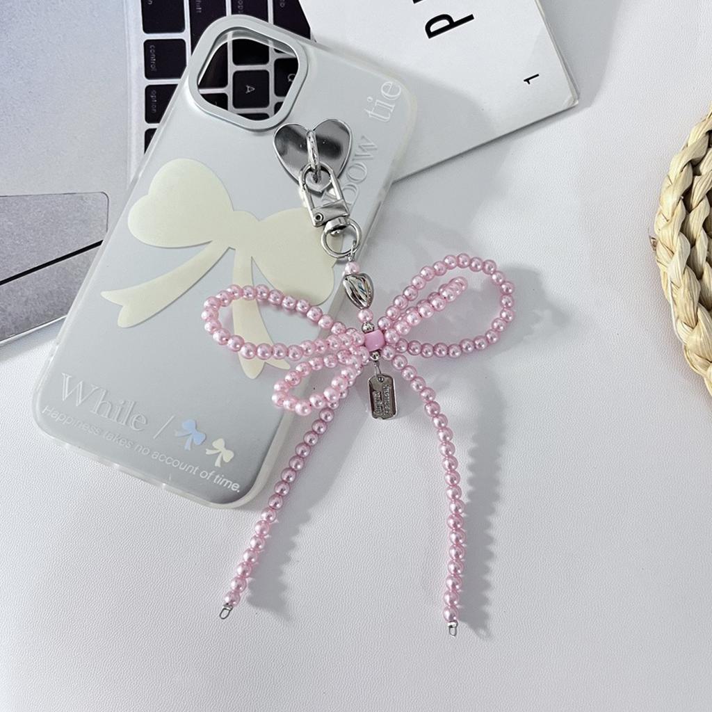 Elegant Bowknot Keychain Charm Silver Heart Pendant Woman Accessories Fashion Bag Charm Beaded Key Pendant for Key Bag