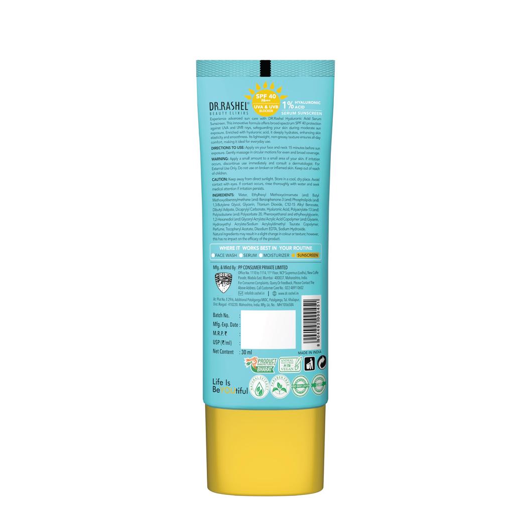 DR.RASHEL Hyaluronic Acid Serum Sunscreen, SPF 40, Fast-Absorbing, Oil Control, 30ml