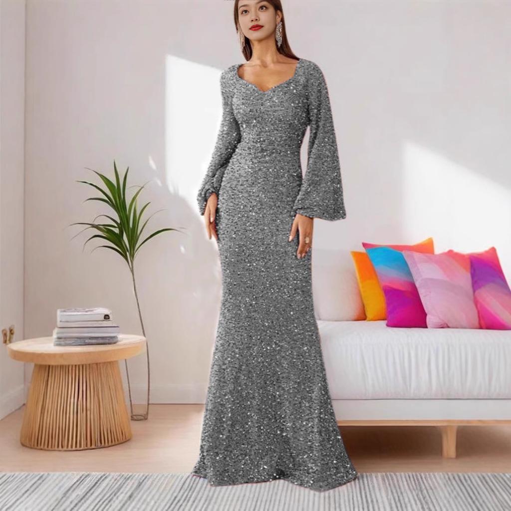European and American spring and summer new fashion V-neck hip wrap sequins European and American dresses mid-waist horn sleeves long evening dresses