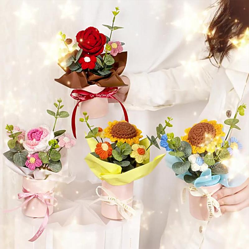 1PC Puff Permanent Rose Valentine's Day Knitted DIY Artificial Flower Gift Handmade Elegant Bouquet Romantic