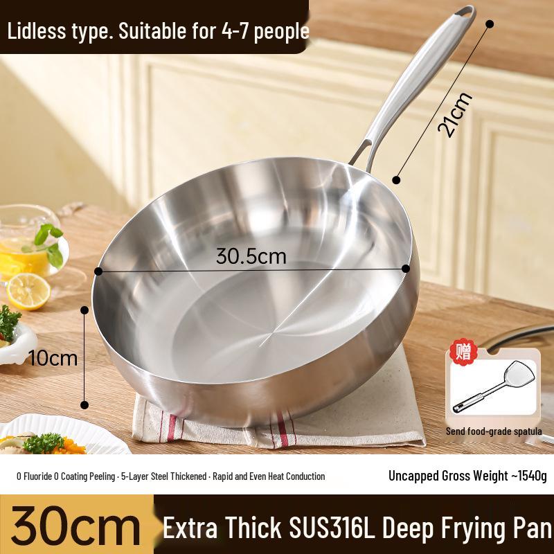 316 Stainless Steel Non-Stick Wok, Flat Bottom, Induction Compatible, Deepened Stir-Fry Pan