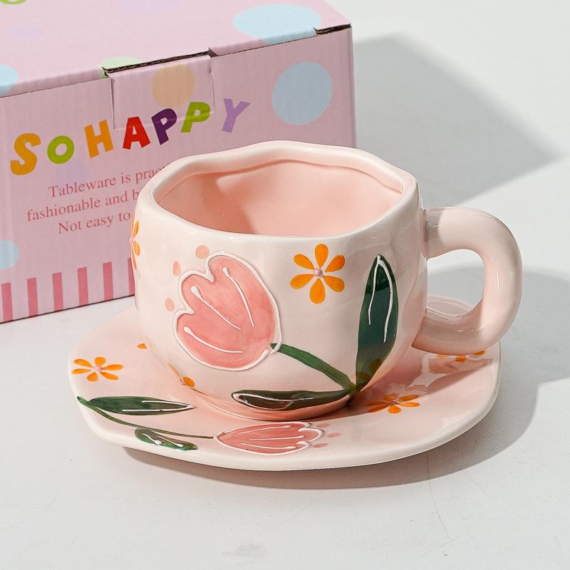 Creative Cute Flower Ceramic Coffee Mug Simple Couple Mug Exquisite Afternoon Tea Dessert Cup Office Mug Birthday Gift Art Decor