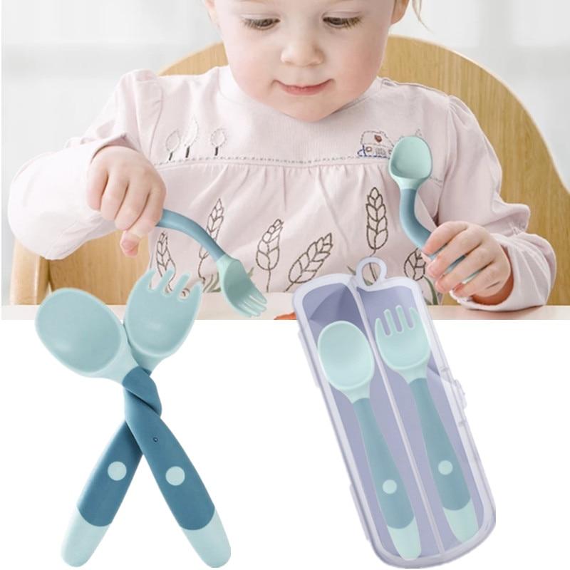 thumbnail image 2 of 1 Set Baby Eating Cutlery Kit Bendable Spoon And Fork Training Set For Training Set For Home 2 of 12