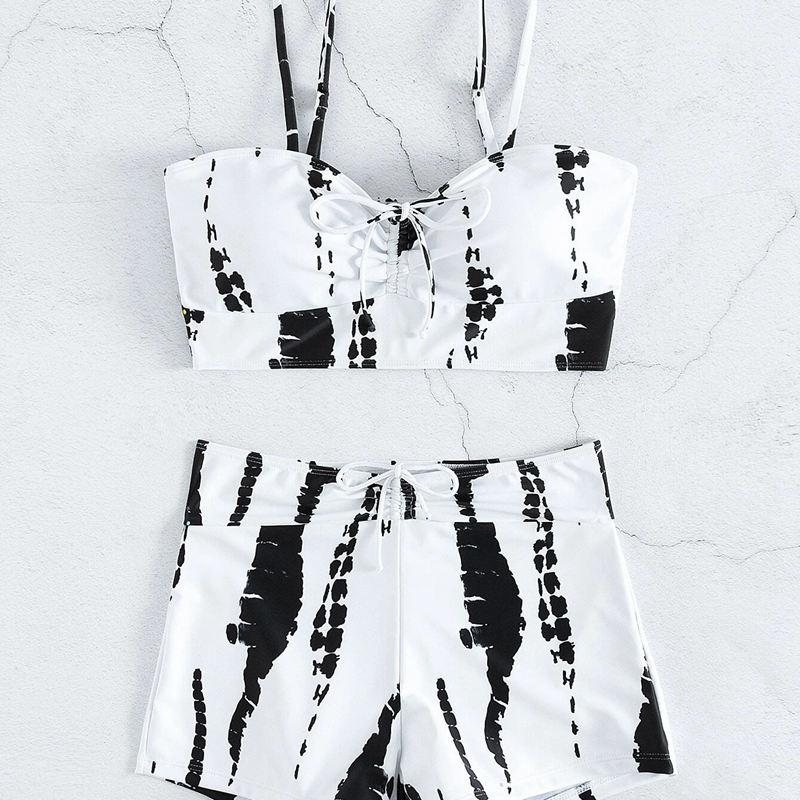 Feminino dividido cintura alta ângulo plano rendas até impressão conservador maiô halter sexy conjuntos de biquíni