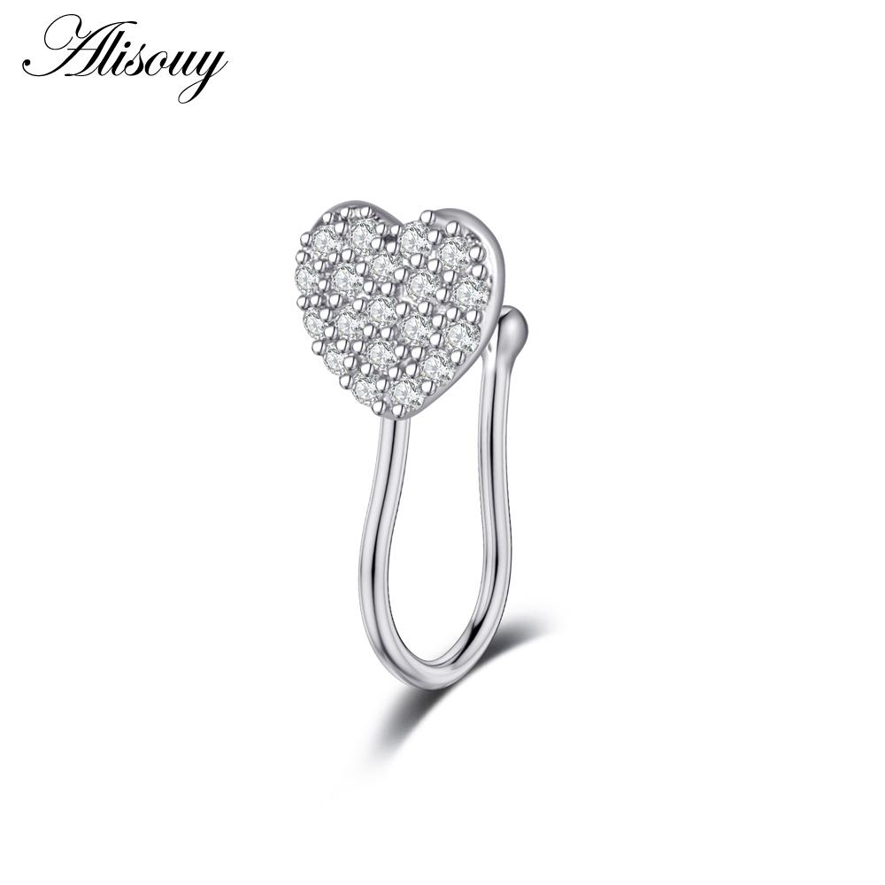 Alisouy 1pc Zirconia Fake Piercing Clip Nose Ring Body Jewelry for Women Ear Cuffs Heart Cross Star Leaf Flowers Clip Nose Rings