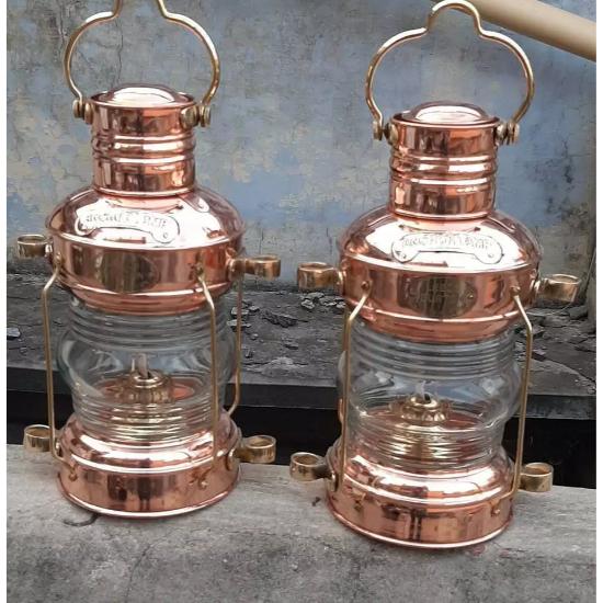 Copper Brass Anchor Oil Lamp Nautical Maritime Ship Lantern Boat Antique Light Set of 2