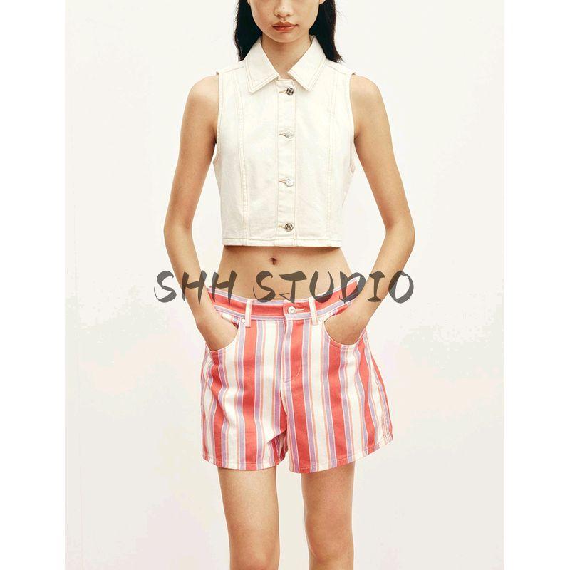 Summer New Women clothes French style Design Sense Pocket Decoration Cotton Stripe High Waist Loose Shorts 6147115