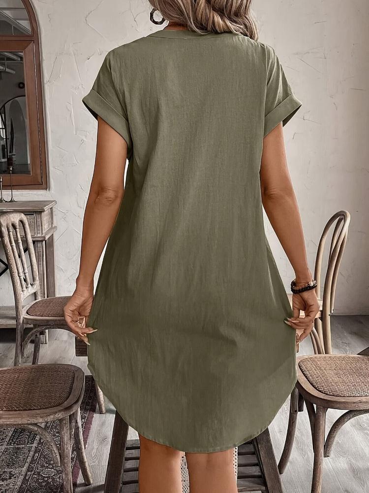 Summer New Solid Color V-Neck Button Loose Casual Dress