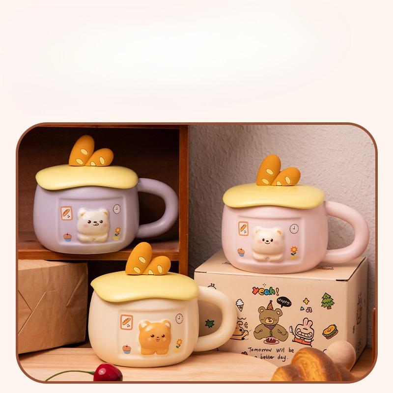 Cheese Bread Bear Water Cup Women's New High Appearance Level Ceramic Mug with Lid Home Drinking Water Gift for Others