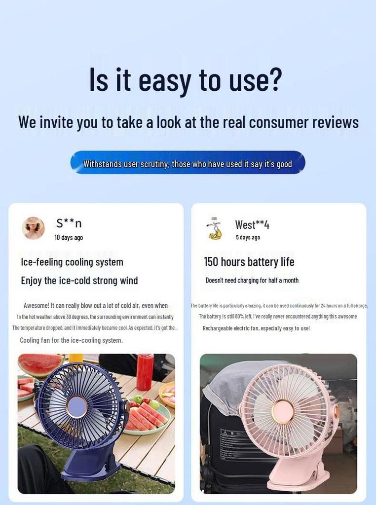 Ultra-Quiet Rechargeable Clip-On Fan with LED Night Light for Dorms and Desks