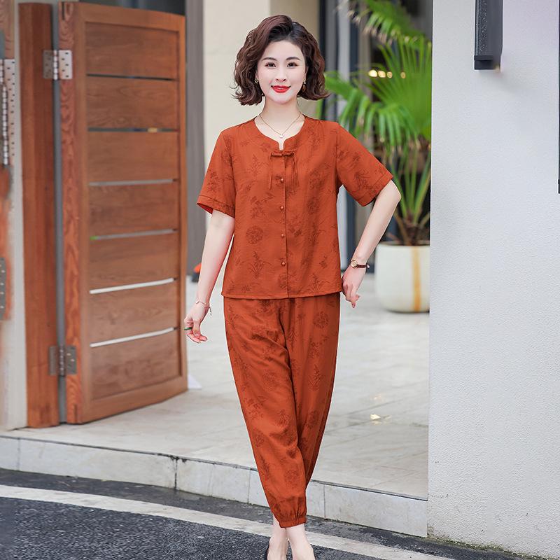 

Summer Cotton Linen Shirt & T-Shirt Set for Middle-Aged and Elderly Women - Loose Fit Two-Piece Top 4XL [130-145 lbs]