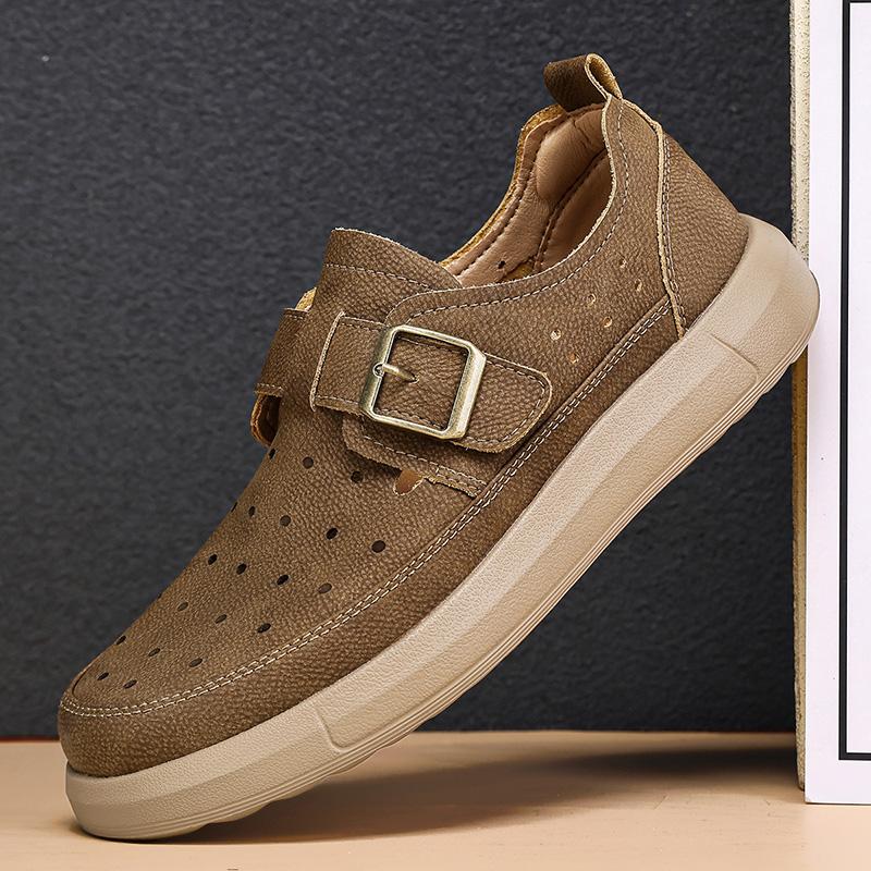 

Новые мужские повседневные туфли с полыми носами, модные лоферы в британском стиле с пряжкой, универсальные дышащие мужские туфли 44 хаки