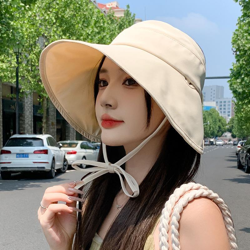 Sun hat summer girl cute bow sunscreen hat big brim cover face can tie ponytail empty top fisherman hat