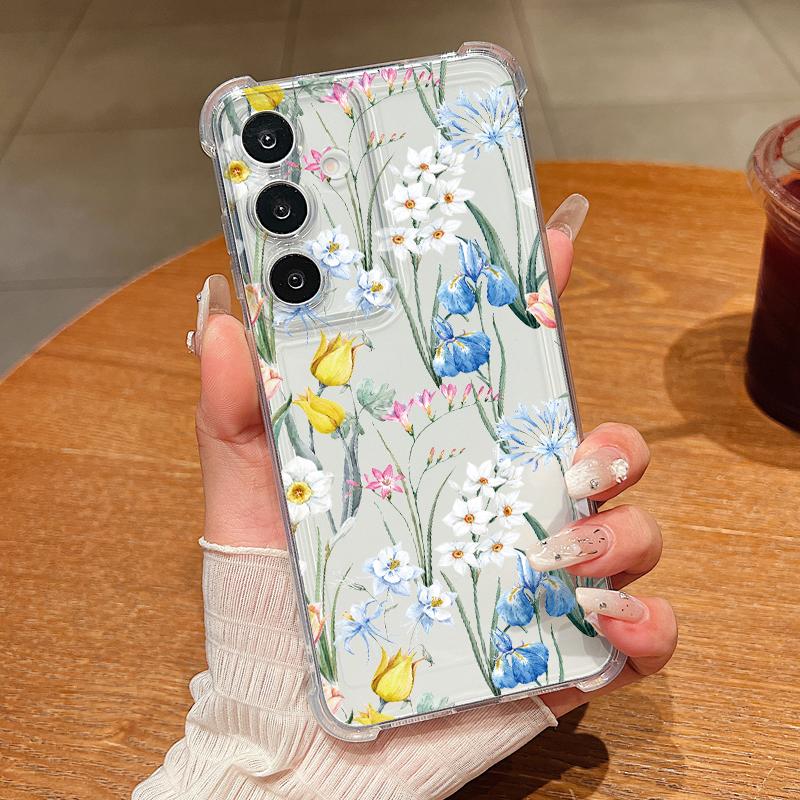 Retro Flowers Patterned Phone Case For Samsung Galaxy S26 S25 S24 S23 Ultra S22 Plus S21 S24 S25 FE Clear Shockproof Soft Cover