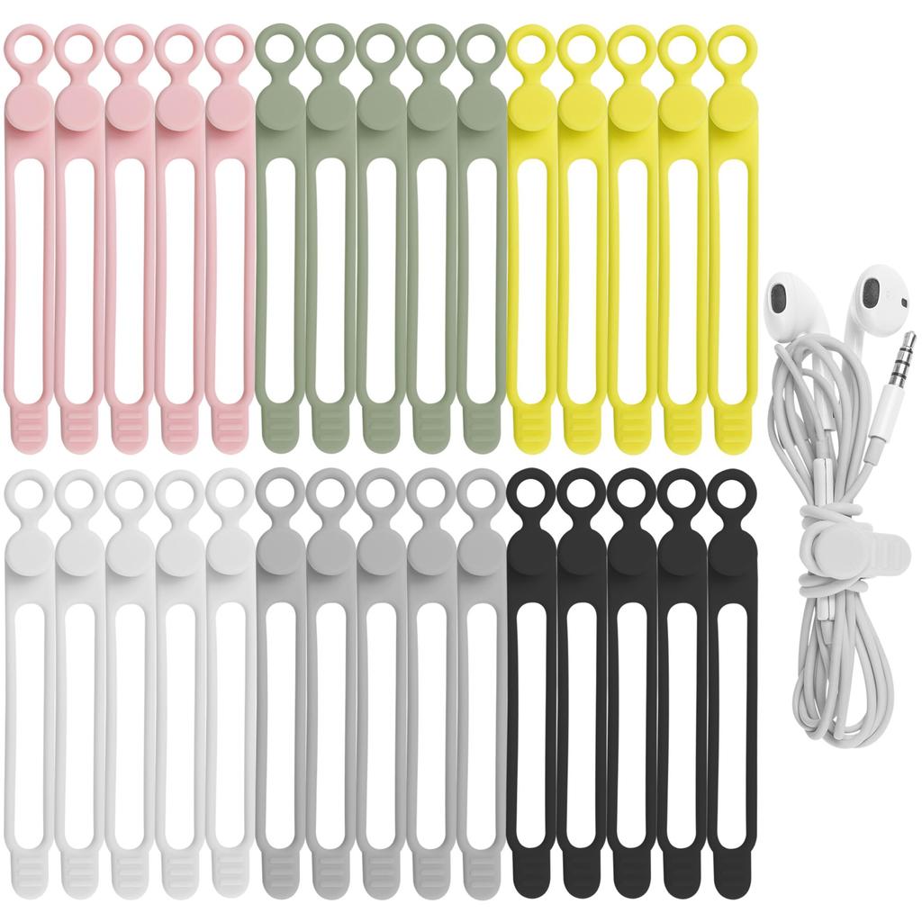 24Pcs Silicone Cable Ties for Bundling Earphone, Phone Charger, Computer Cords, Reusable Cord Organizer Cable Management 6 Color