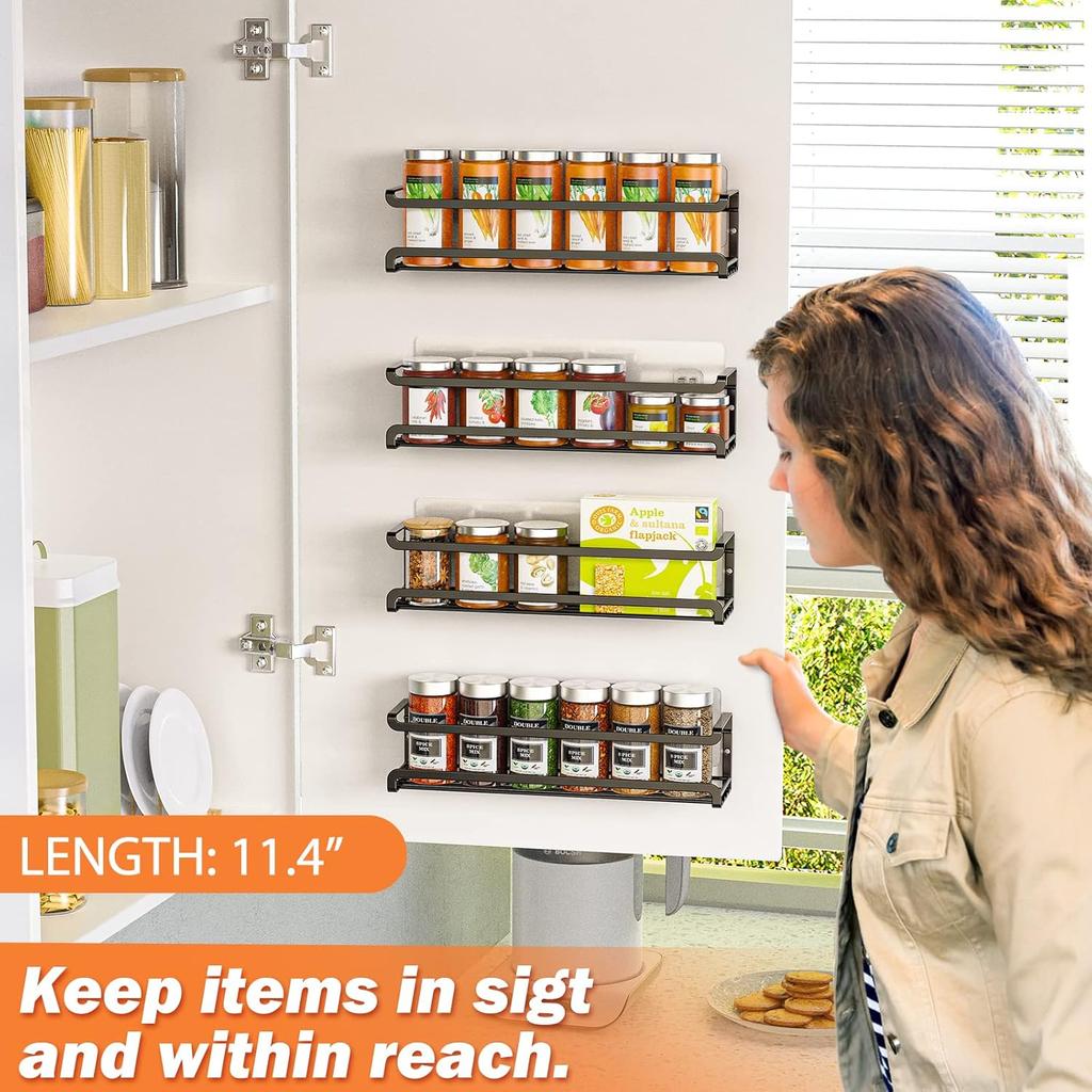 Spice Rack Wall Mounted 4 Pack,Space-Saving Spice Organizer for Spice Jars and Seasonings,Screw or Adhesive Hanging Spice Rack Organizer for Your