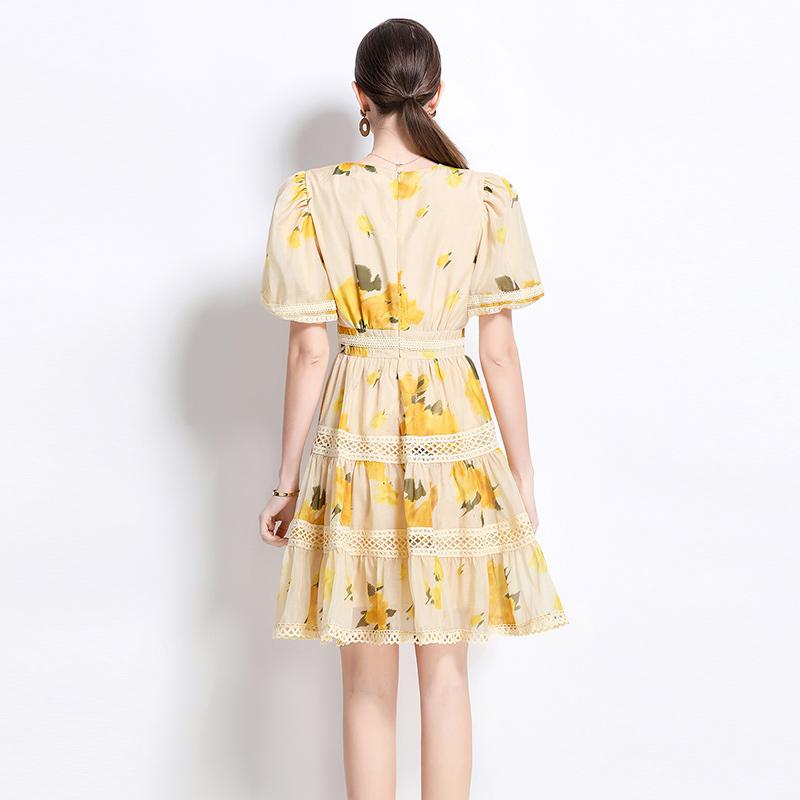 Été Femmes Col Carré Imprimé Chic Dentelle Patchwork Fête Robes Courtes