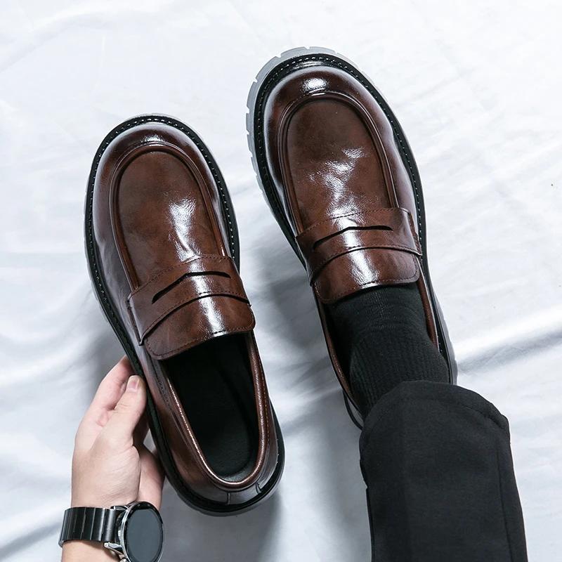 Spring Men's Casual Thick Soled Brown Leather Loafers Shoes Mens Slip-on Outdoor Round Toe Shoe