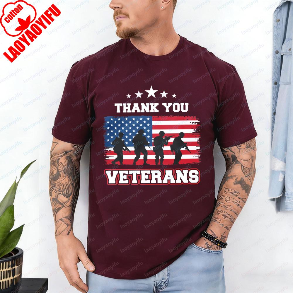 Thank You Veterans Tops America Flag Soldier Silhouette Patriotic Casual Cotton Tee Trend Retro Independence Day T Shirt for Men