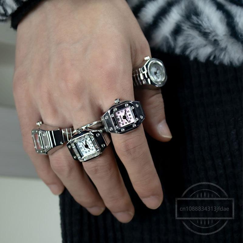 Fashion Mini Quartz Watch Clock Finger Rings for Men Women Elastic Strap Punk Gothic Couple Roman Ring Jewelry Gift