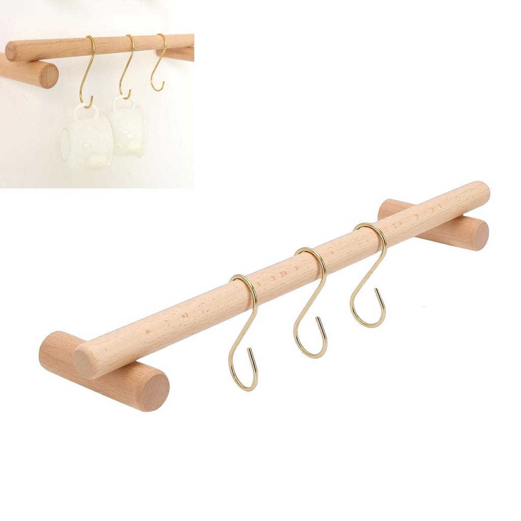 Wooden Towel Rack 45cm with 3 S Hooks Wall Mounted Towel Holder Hanger for Bathroom