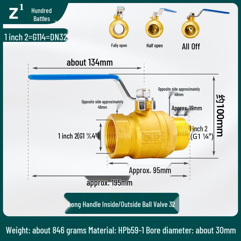 Copper Ball Valve for Gas & Water Heater: Internal/External Thread, Large Flow, Sizes 2-6 Points, 1 Inch