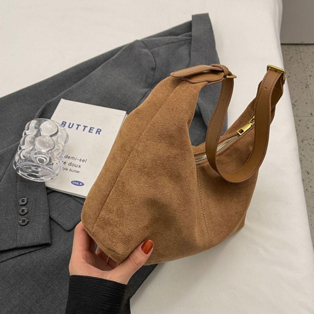 Large Capacity Hobo Bag Solid Color Tote Bag Simple Suede Shoulder Bag Autumn and Winter