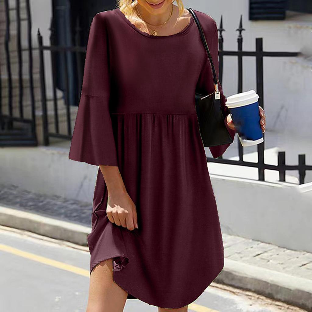 Women's Color Round Neck Seven-Part Sleeve Sub Bohemian Dress