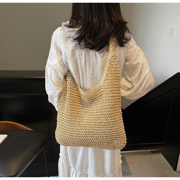 Lässige Urlaubs-Stroh-Webtasche Leichte Einfarbige Schulter Damenhandtasche Große Kapazität Stroh-Webtasche