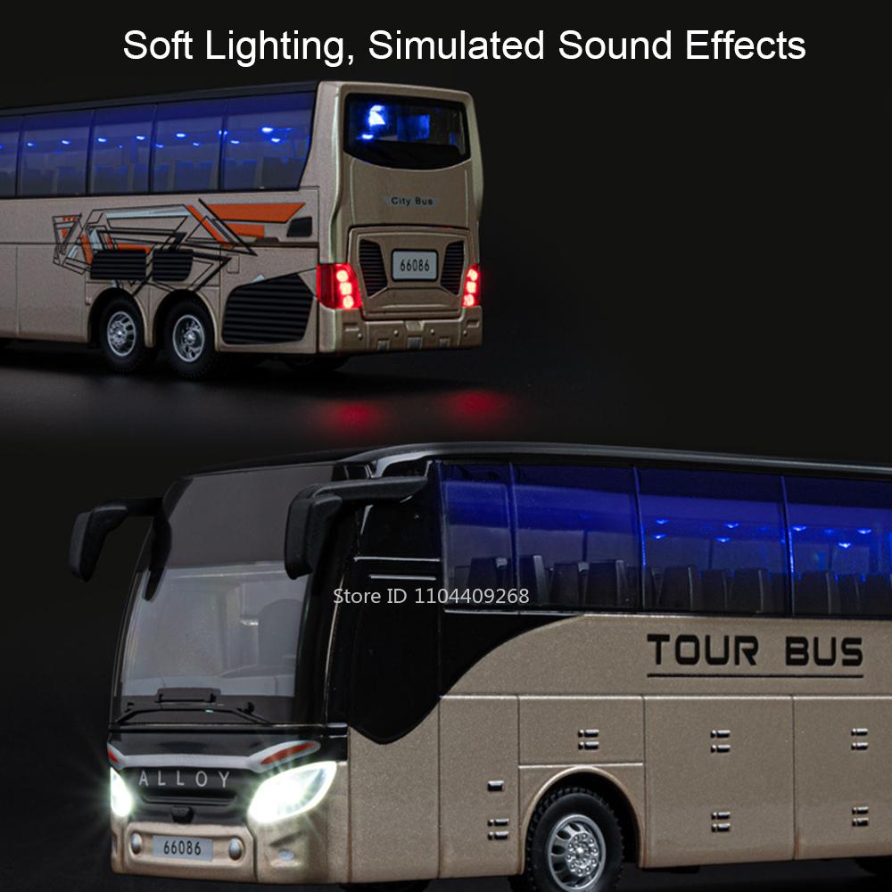 1:30 Scale Tour Bus Model Toy Car Sound Light Doors Opened Alloy Diecast Miniature Business Vehicle Models for Kids Presents