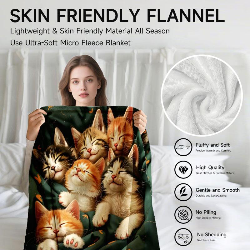 1 Piece, Cat-themed Green Flannel Blanket, Soft, Suitable for Sofa, Bed, Office, All-season Use.