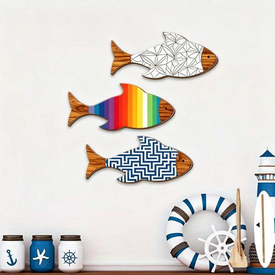 3Pcs/Set Wooden Fish Coastal Wall Art, Rustic Handcrafted Fish Wall Decor, Nautical Fish Wall Sculpture for Living Room, Beach Lake House
