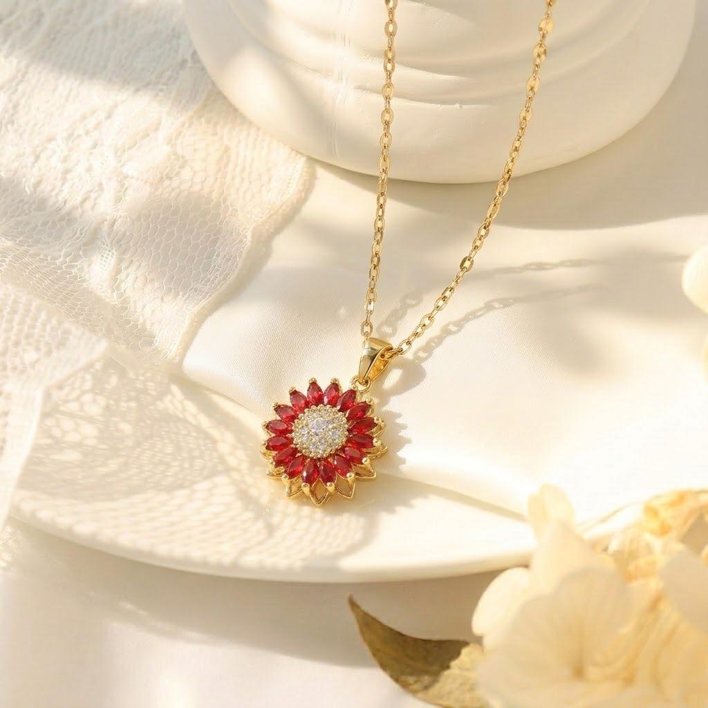 European & American Titanium Steel Cat's Eye Zircon Flower Necklace for Women - Rotating Pendant, Elegant Collarbone Chain