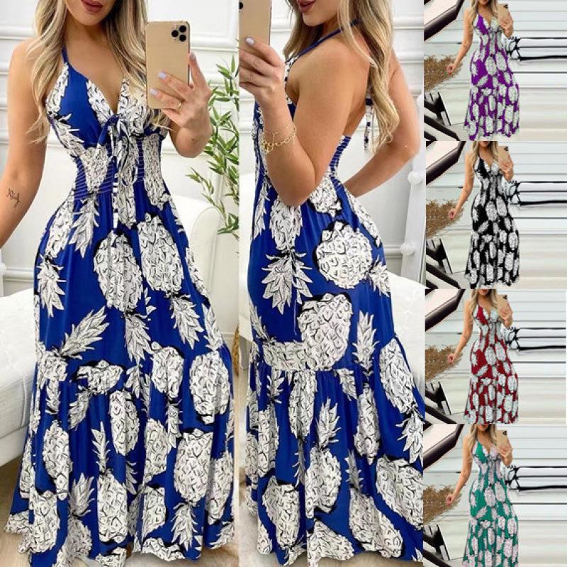2025 Summer European & American Women's Printed Halter Strap High Waist Deep V Dress