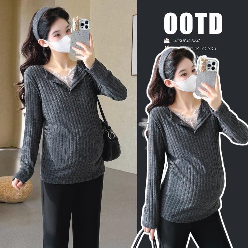 2025 Autumn/Winter Elegant Maternity Lace Patchwork Knitwear Base Layer Extra Large темно-серого