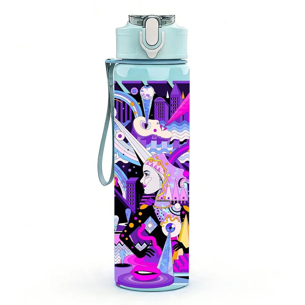1PC Neon Abstract Cyber Graffiti Art 750ml Color Plastic Sports Water Bottle Leakproof Flip Straw Lid Suitable for Sports Office Home Use